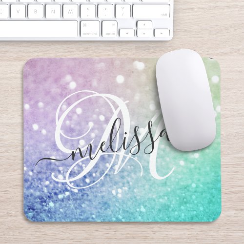 Colorful Glitter Pretty Bokeh Monogrammed Mouse Pad