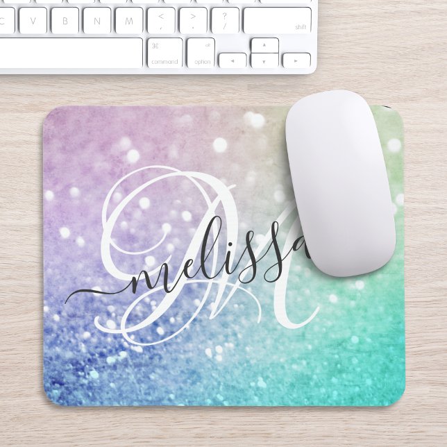 Colorful Glitter Pretty Bokeh Monogrammed Mouse Pad (Creator Uploaded)