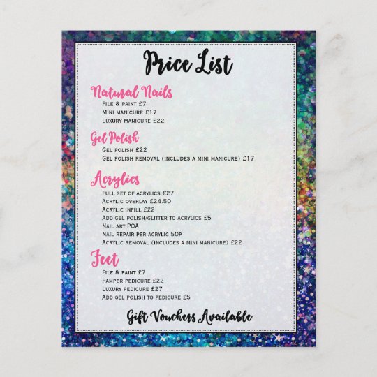 colorful glitter price list nails services flyer zazzle