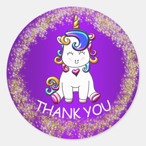 Colorful Glitter Purple Unicorn Birthday Classic Round Sticker