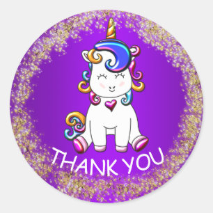 Colorful Glitter Purple Unicorn Birthday Classic Round Sticker
