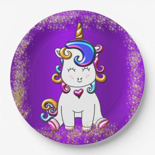 Colorful Glitter Purple Unicorn Birthday Paper Plates