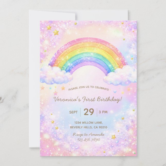 Colorful Glitter Rainbow Girl Birthday Party Invitation (Front)