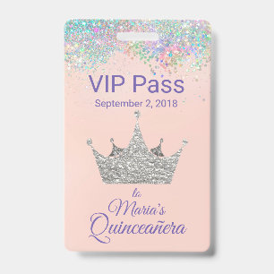 Colorful Glitter Silver Crown Quinceañera VIP Badge