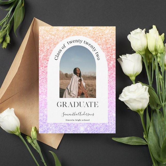 Colorful Glitter Sparkles Arch Photo Graduation  Invitation (Creator Uploaded)