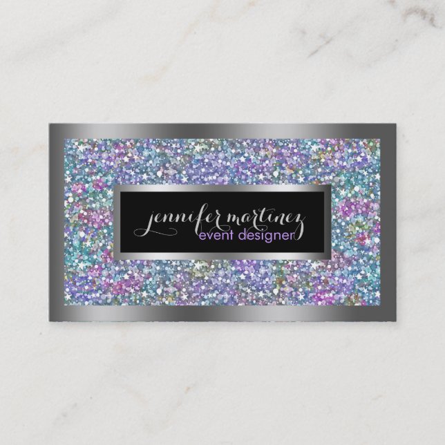 Colorful Glitter & Sparkles Silver Accents Business Card (Front)