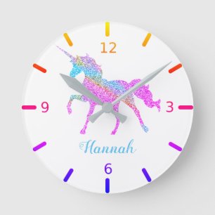 Colorful Glitter Speckled Magical Unicorn Round Clock