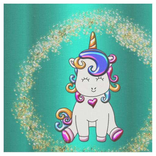 Colorful Glitter Teal Unicorn Fabric