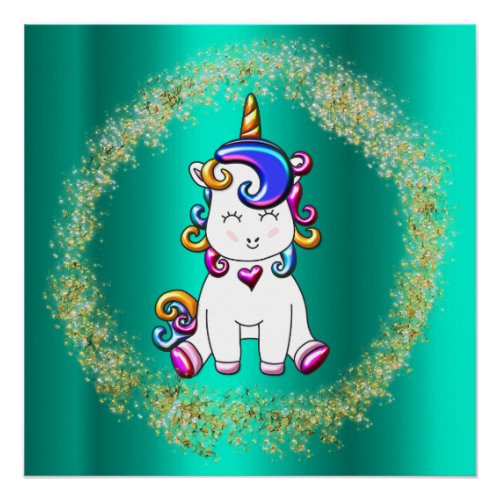 Colorful Glitter Teal Unicorn Poster