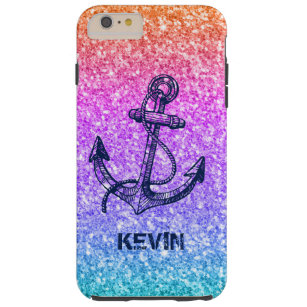 Colorful Glitter Texture & Dark-Blue Boat Anchor Tough iPhone 6 Plus Case