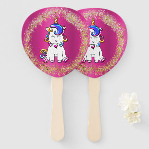 Colorful Glitter Unicorn Birthday Pink Hand Fan