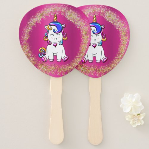 Colorful Glitter Unicorn Birthday Pink Hand Fan