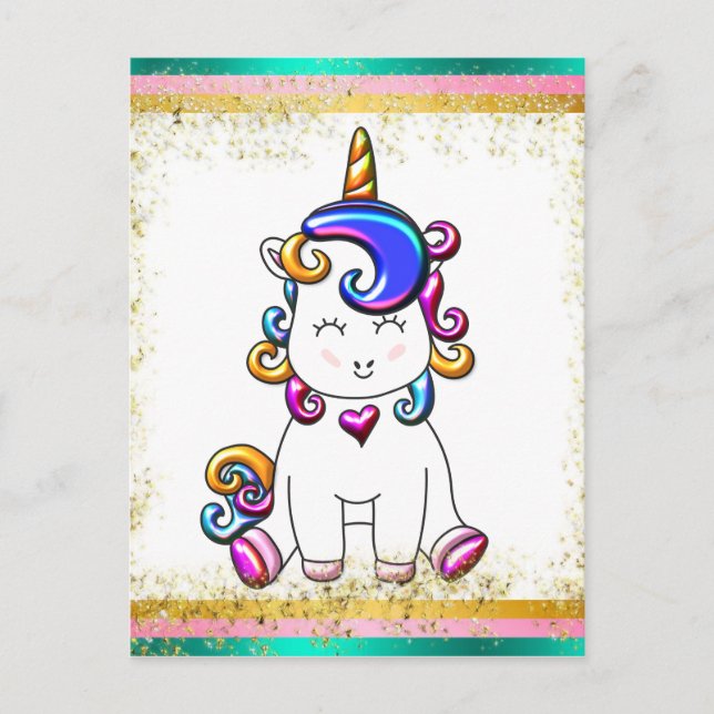 Colorful Glitter Unicorn Birthday Postcard (Front)