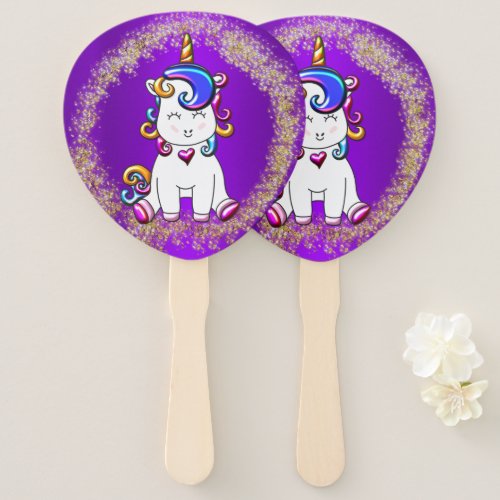 Colorful Glitter Unicorn Birthday Purple Hand Fan