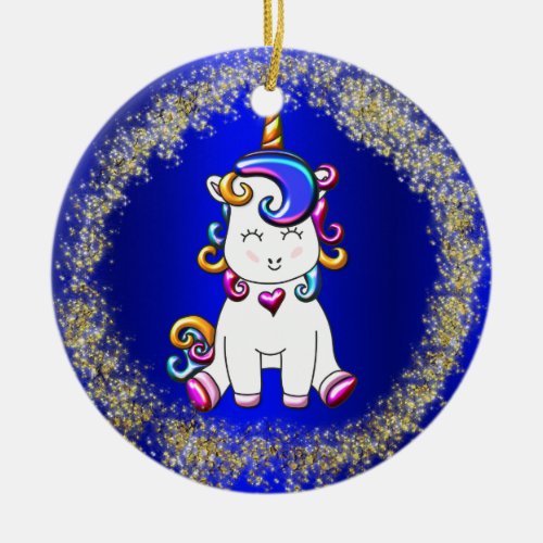 Colorful Glitter Unicorn Blue Ceramic Ornament