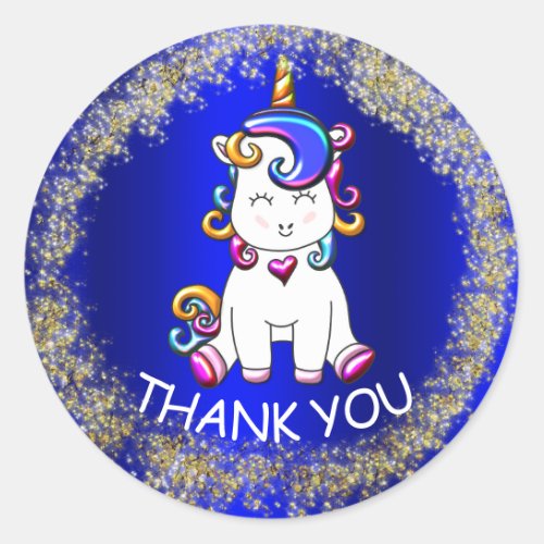 Colorful Glitter Unicorn Blue Classic Round Sticker