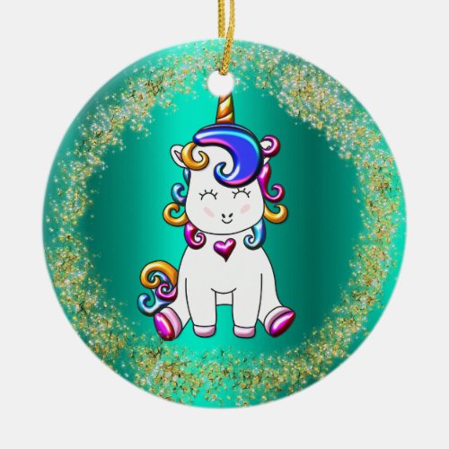 Colorful Glitter Unicorn Ceramic Ornament