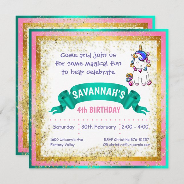 Colorful Glitter Unicorn Invitation (Front/Back)