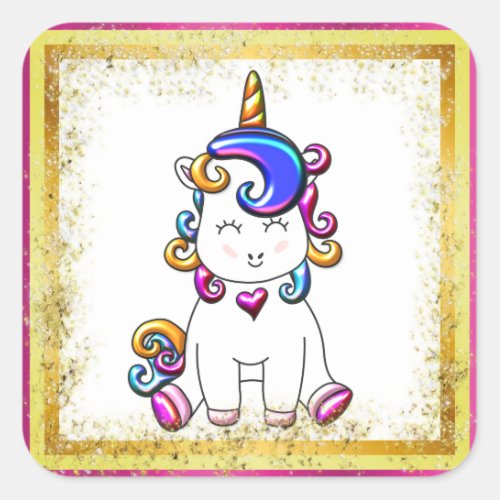 Colorful Glitter Unicorn Pink Birthday Square Sticker