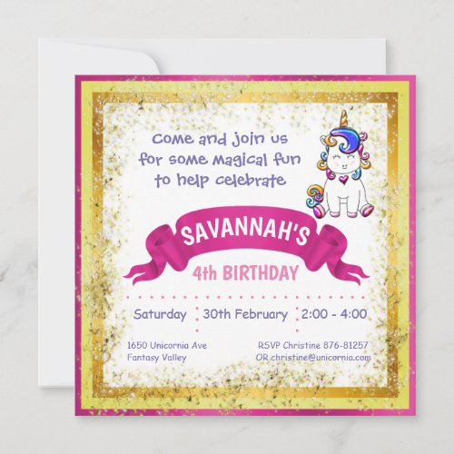 Colorful Glitter Unicorn Pink Invitation