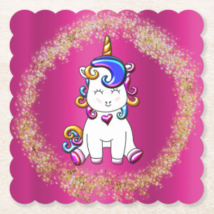 Colorful Glitter Unicorn Pink Paper Coaster