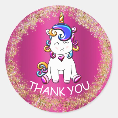 Colorful Glitter Unicorn Pink Thank You Classic Round Sticker