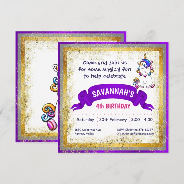 Colorful Glitter Unicorn Purple Invitation (Front/Back)