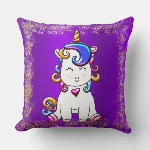 Colorful Glitter Unicorn Purple Throw Pillow