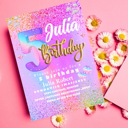 colorful Glitter Unicorn Rainbow Five birthday  Invitation