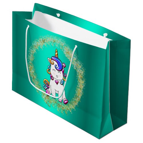 Colorful Glitter Unicorn Teal Large Gift Bag