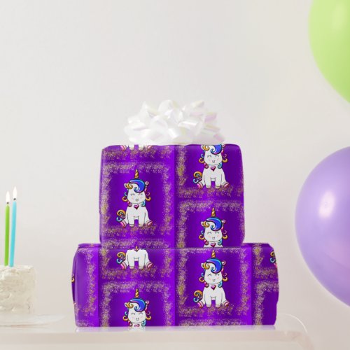 Colorful Glitter Unicorns Purple Wrapping Paper