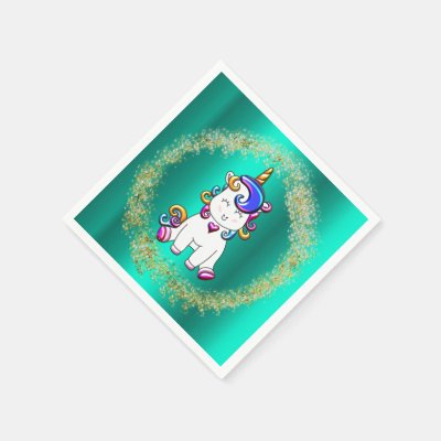 Colorful Glitter Unicorns Teal Napkins
