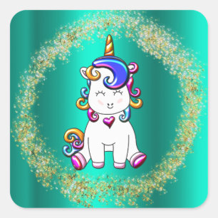 Colorful Glitter Unicorns Teal Square Sticker