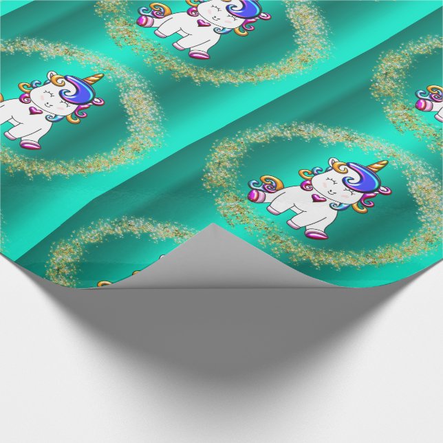 Colorful Glitter Unicorns Teal Wrapping Paper (Corner)