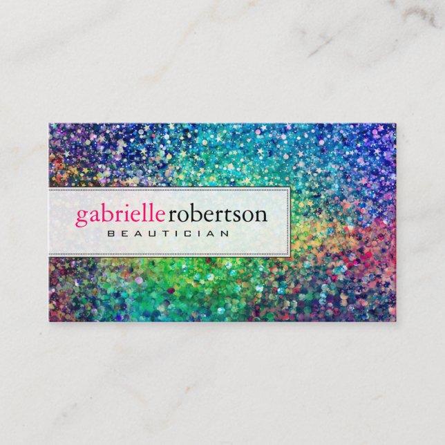 Colorful Glitter White Background Business Card (Front)