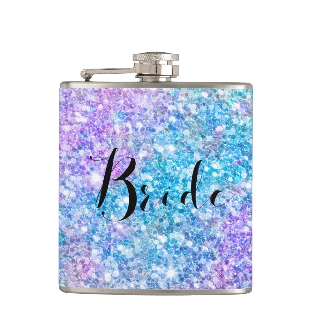 Colorful Glitter With Black Typography Bride Flask (Front)