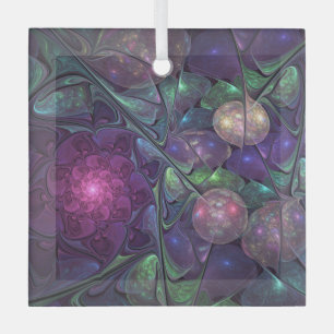 Colorful Glittering Modern Abstract Fractal Art Glass Ornament