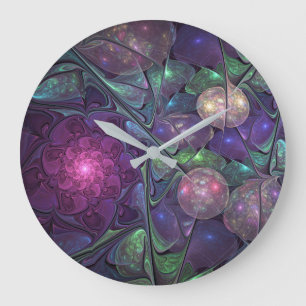 Colorful Glittering Modern Abstract Fractal Art Large Clock