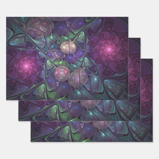 Colorful Glittering Modern Abstract Fractal Art Wrapping Paper Sheets (Set)
