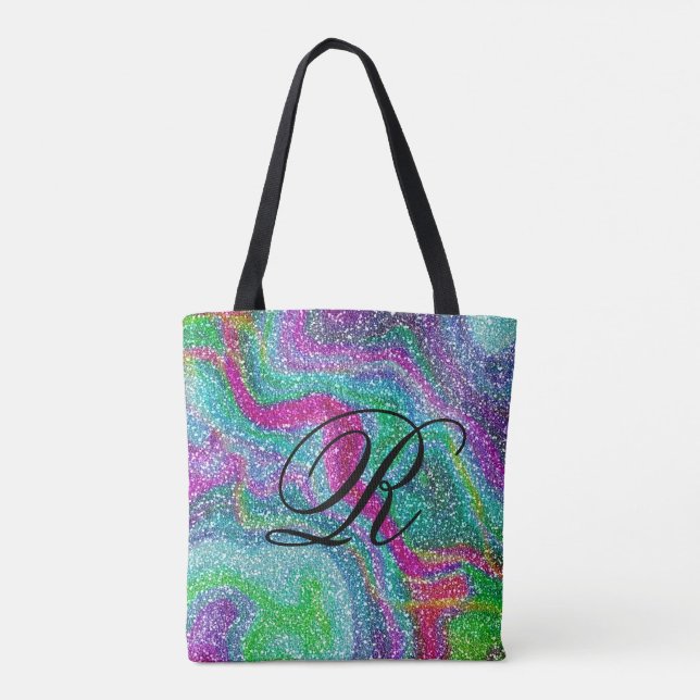 Colorful Glittery Abstract Design w/ Monogram Tote Bag (Back)