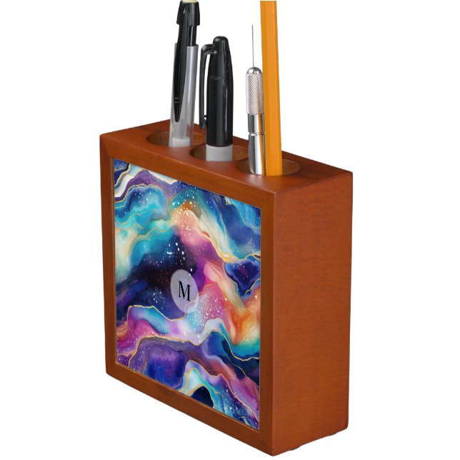 Colorful glittery agate texture monogram desk organizer (In Situ)
