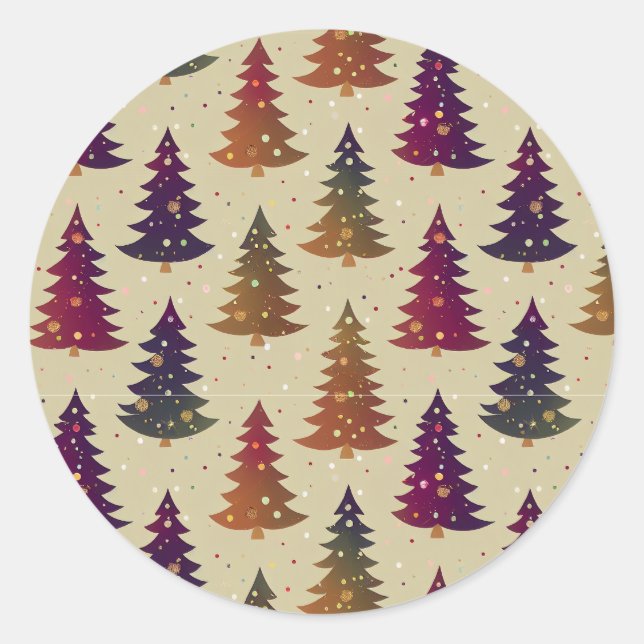 Colorful Glittery Christmas Tree Repeating Pattern Classic Round Sticker (Front)