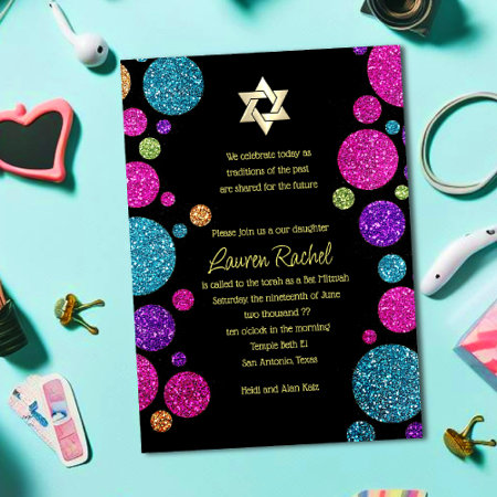 Colorful Glittery Dots On Any Color Bat Mitzvah Invitation