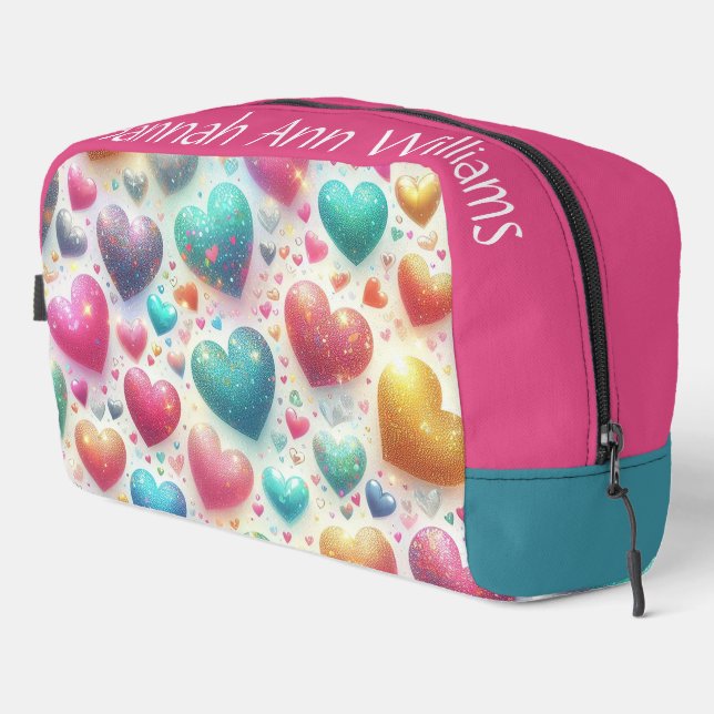 Colorful Glittery Hearts Personalized  Dopp Kit (Right Corner)