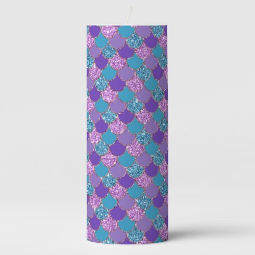 Colorful glittery mermaid scales pattern pillar candle
