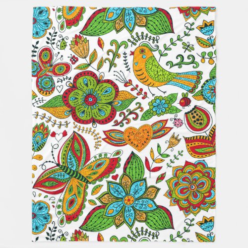 Colorful Glittery Retro Flowers Butterflies  Bird Fleece Blanket