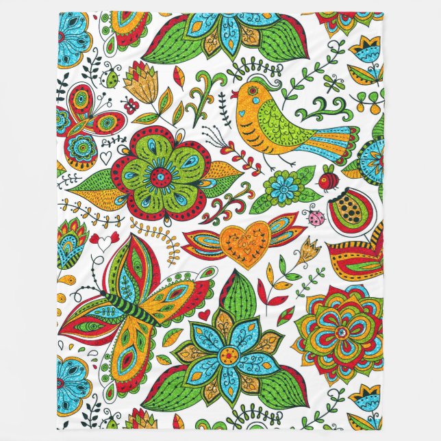 Colorful Glittery Retro Flowers Butterflies & Bird Fleece Blanket (Front)