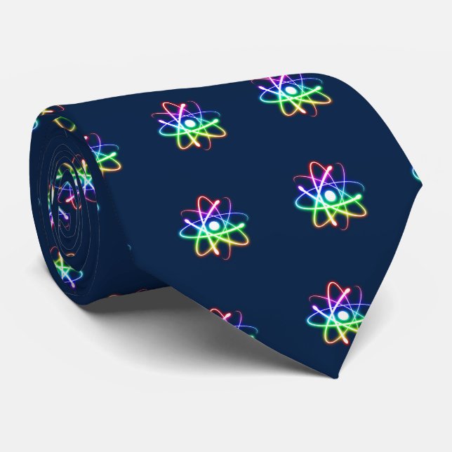 Colorful Glowing Atoms Pattern | Dark Blue Neck Tie (Rolled)