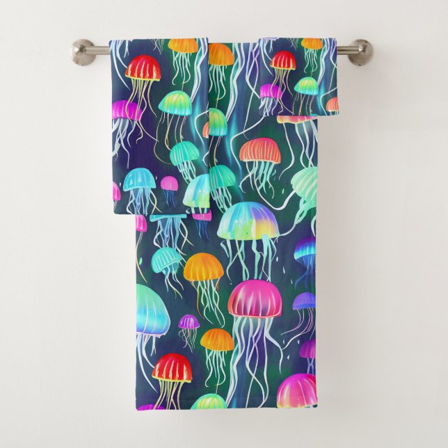 Colorful Glowing Jellyfish Bath Towel Set (Insitu)
