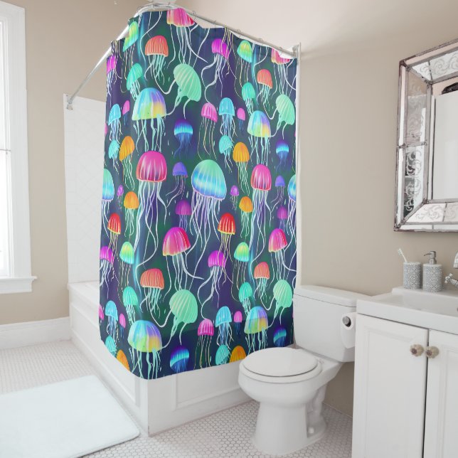 Colorful Glowing Jellyfish Shower Curtain (In Situ)